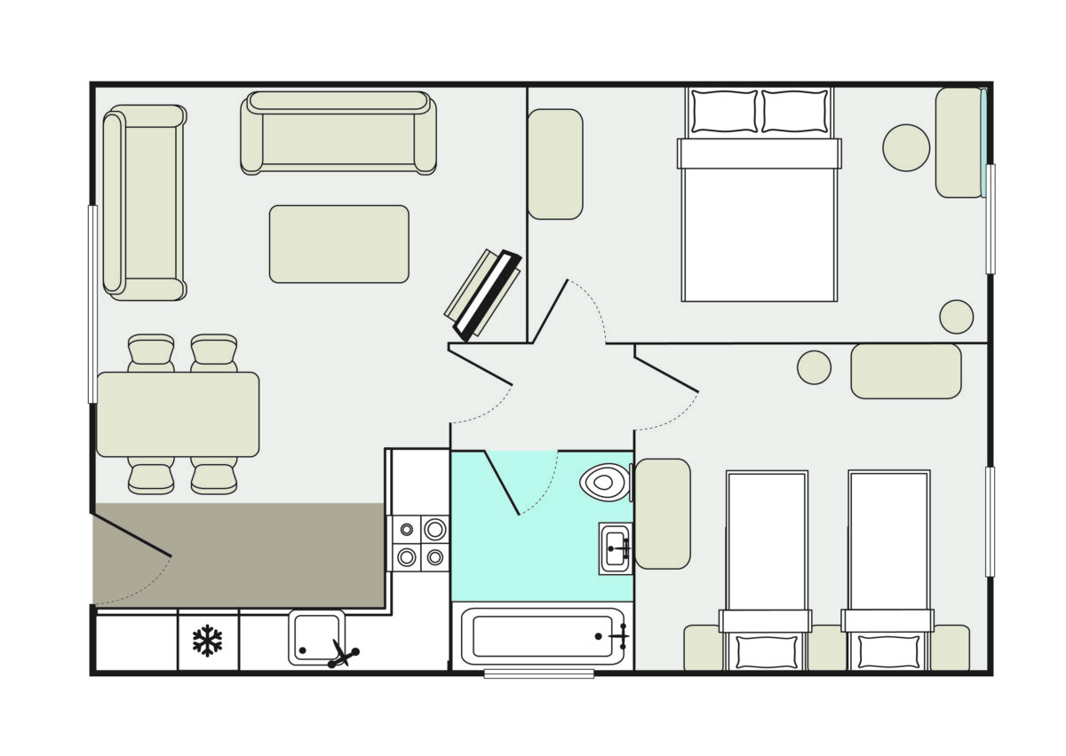 Floorplan for Sandsurfer bungalow at Welcome Family Holiday Park