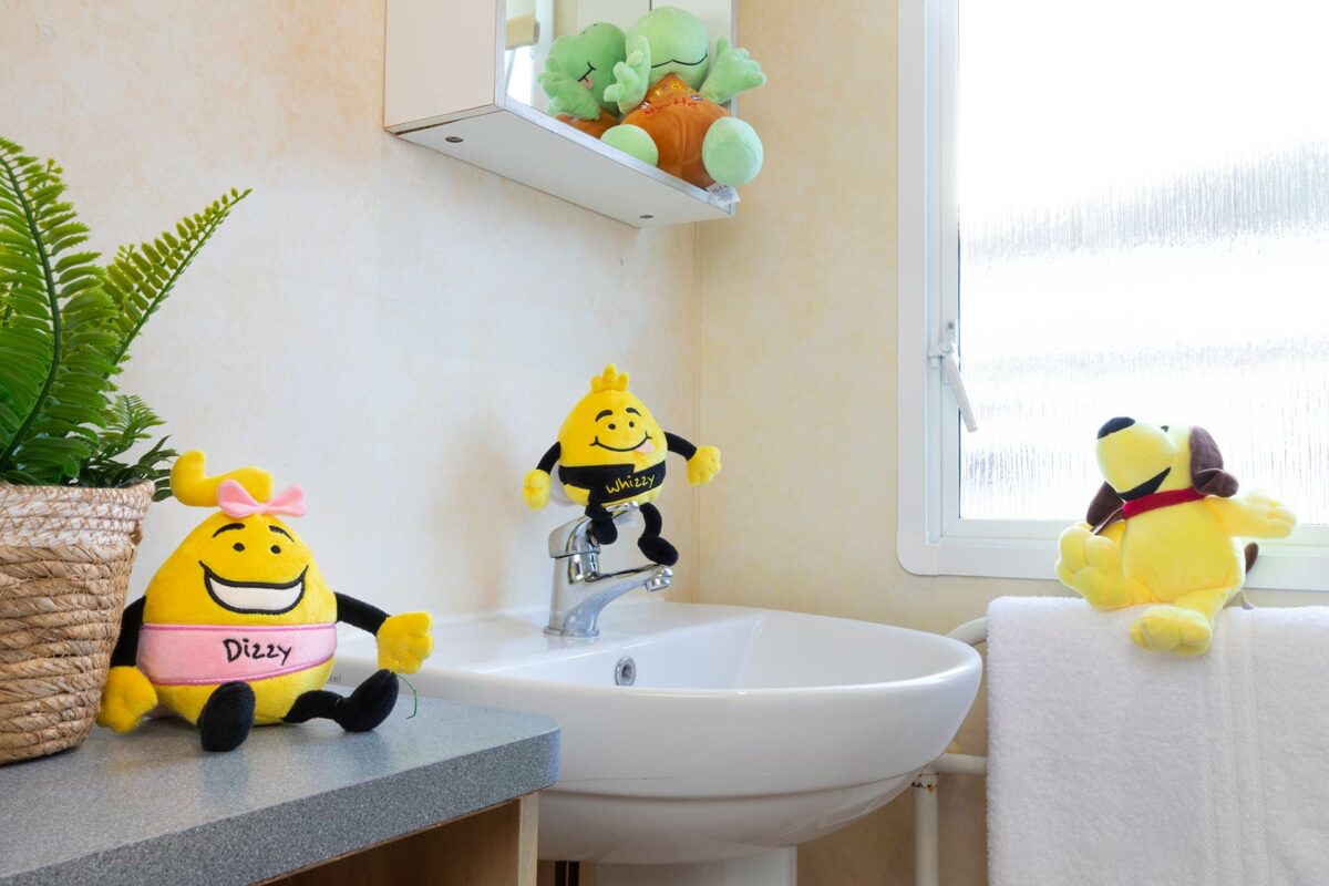 All the gang in the shower room in the Coral Reef Caravan at Welcome Family Holiday Park