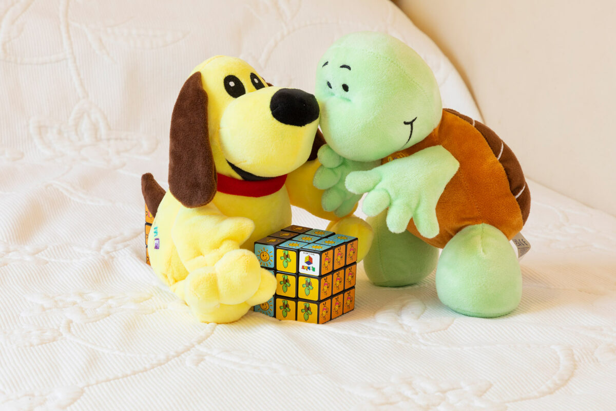 Dougie and Myrtle do the rubix cube in the Sunset caravan at the Welcome Family Holiday Park