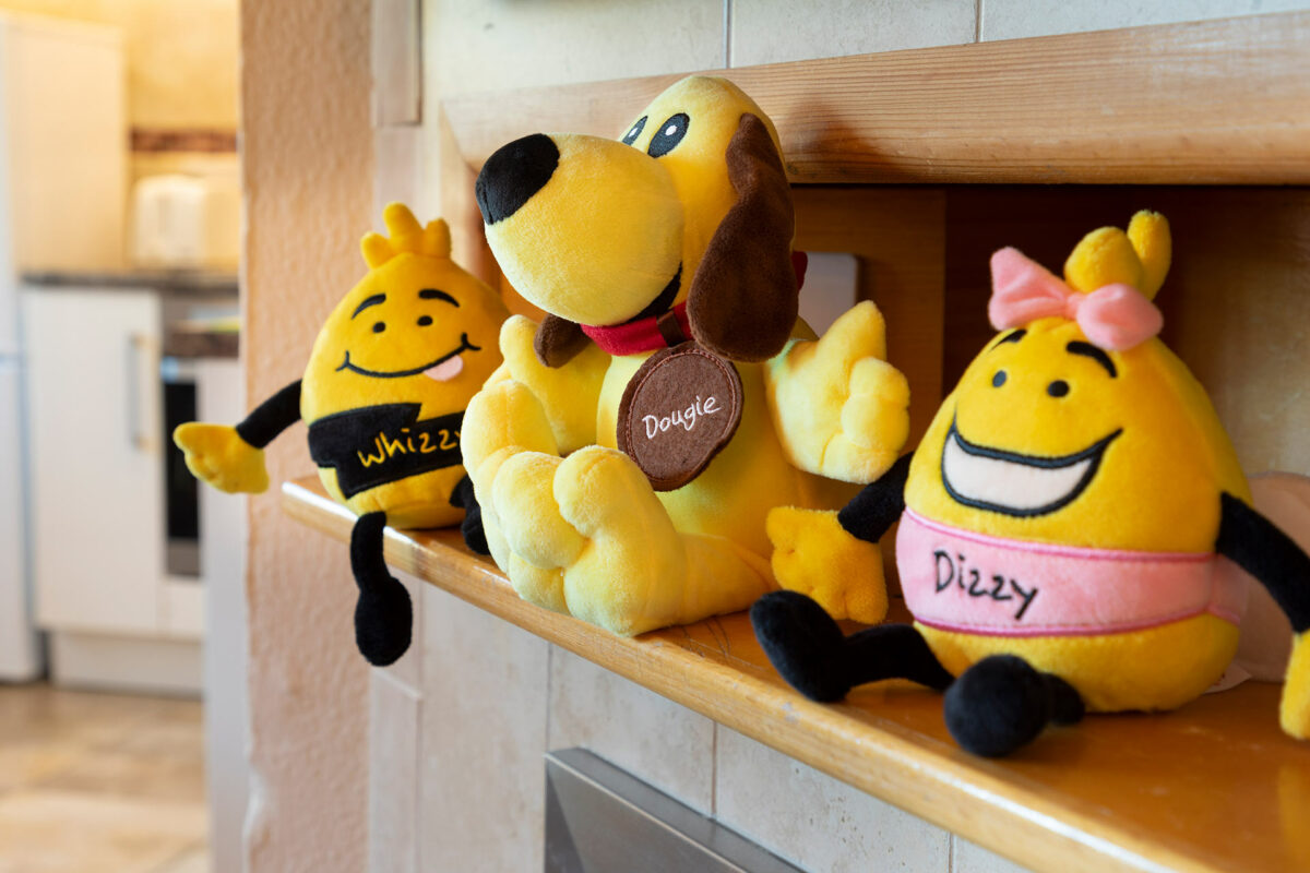 Welcome toy mascots in the Wavesurfer bungalow at Welcome Family Holiday Park