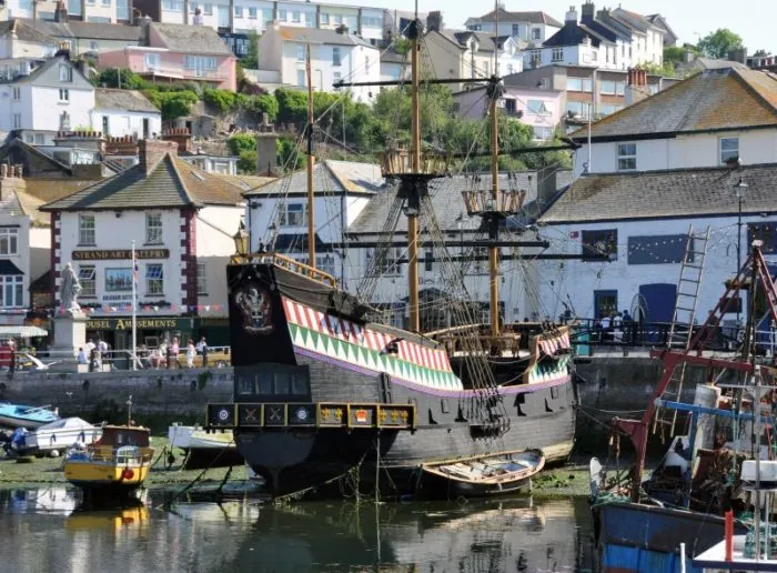 View of the Golden Hind in Brixham. Brixham in Devon