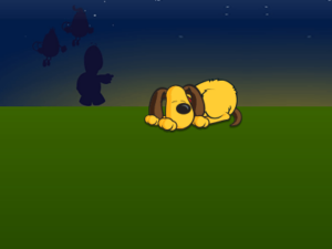 Dog sleeping on ground in night zoomed in