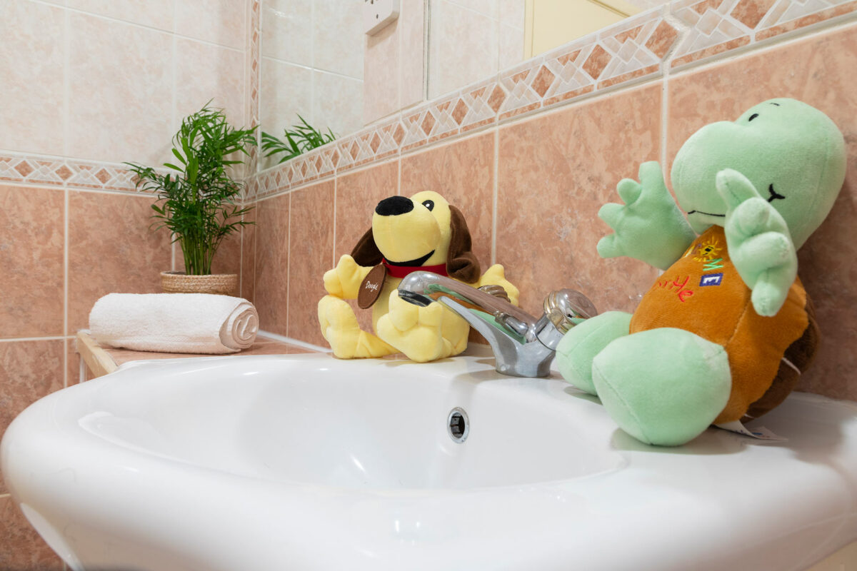 Dougie and Myrtle in the bathroom in the Arriba Apartment at Welcome Family Holiday Park