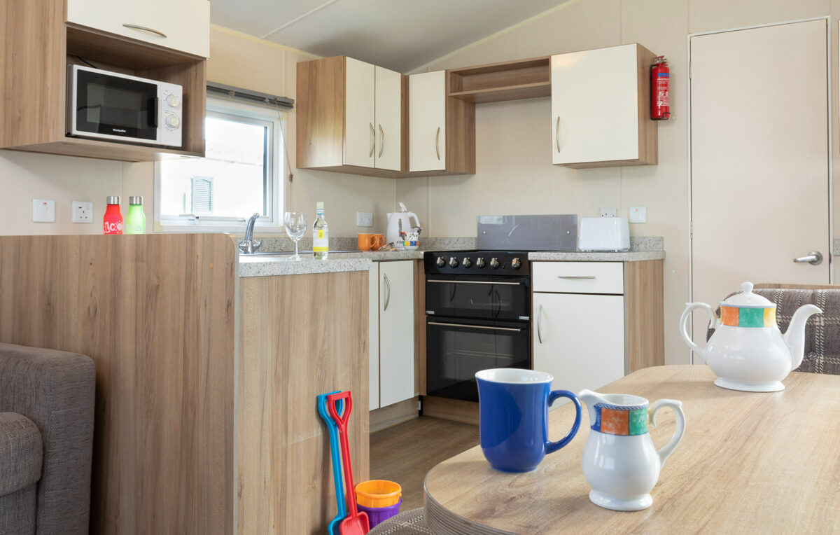 Kitchen area in the Casario premier caravan at Welcome Family Holiday Park